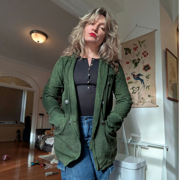 FREE PEOPLE Olive Green Military Double Breasted Button Blazer Size M - Picture 4 of 8